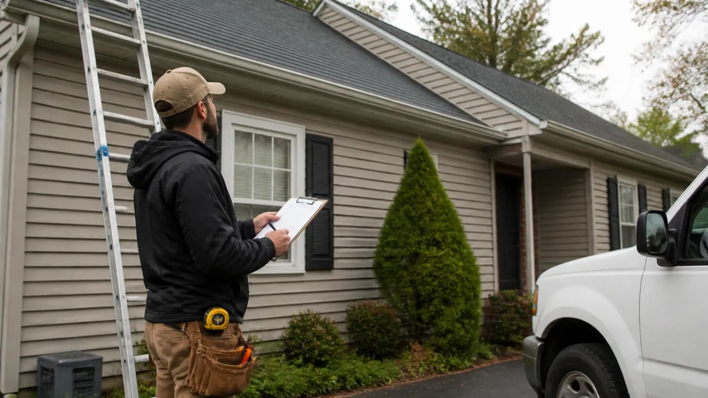 A roofing contractor with a clipboard measuring up a house beside a ladder