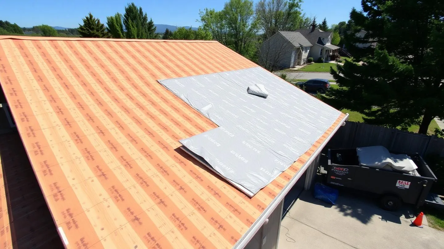 A residential roof stripped to bare decking with underlayment rolled out and a dumpster in the driveway