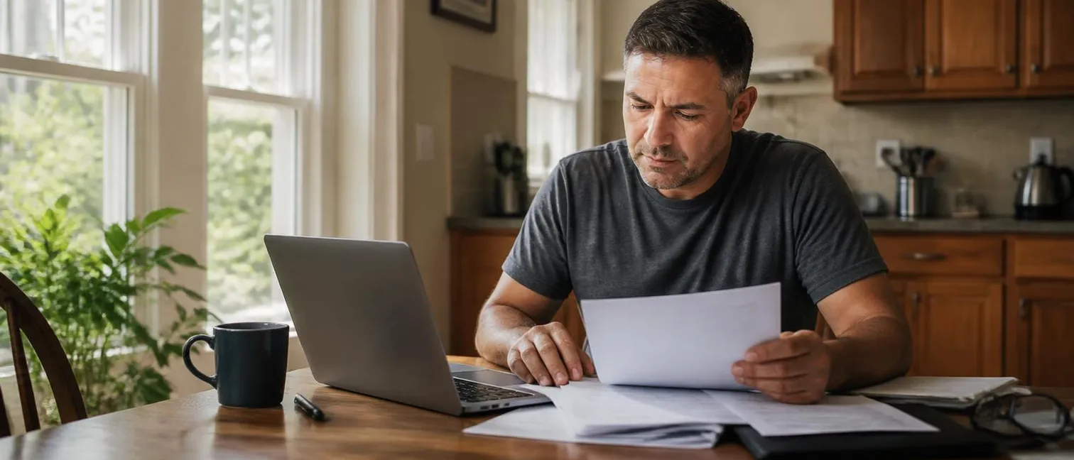 A homeowner reviewing paperwork and a laptop at a kitchen table