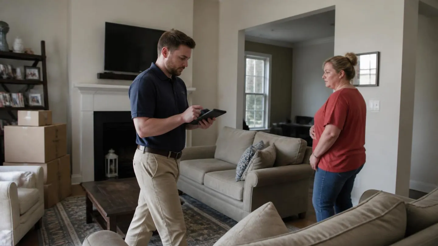 A moving estimator with a tablet walking through the rooms of a home