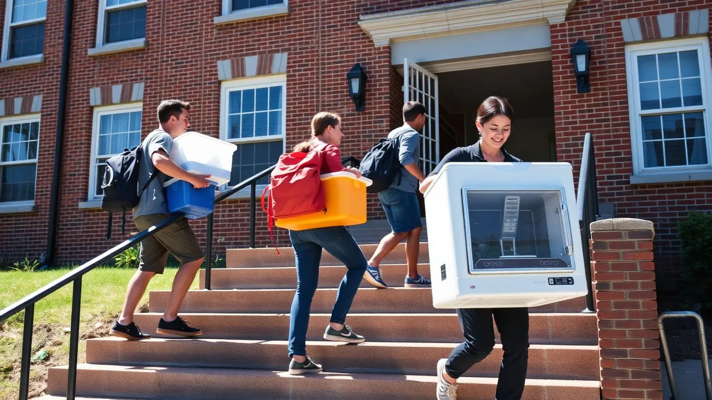 Students carrying bins and a small refrigerator up the steps of a residence hall