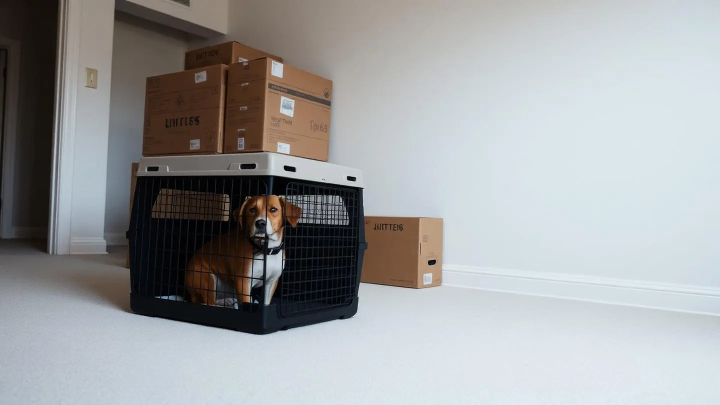 A dog resting in a travel crate in an emptied room beside labeled moving boxes