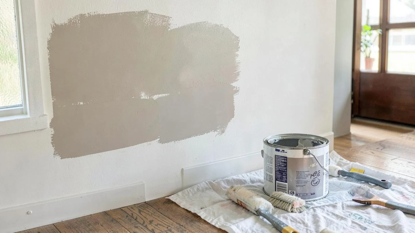 Interior paint test patches brushed onto a living room wall beside an open can, roller and brush on a drop cloth