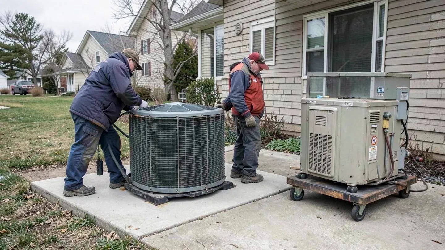 Two technicians setting a new outdoor air conditioning condenser on a concrete pad beside a house