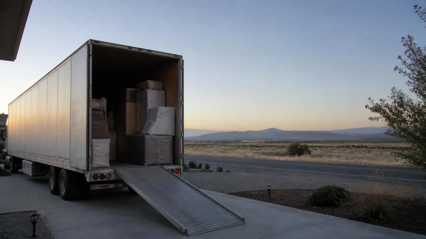 A long distance moving van loaded and ready to leave a residential driveway