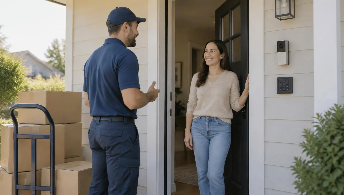 A mover talking with a homeowner at her front door beside a security keypad and camera