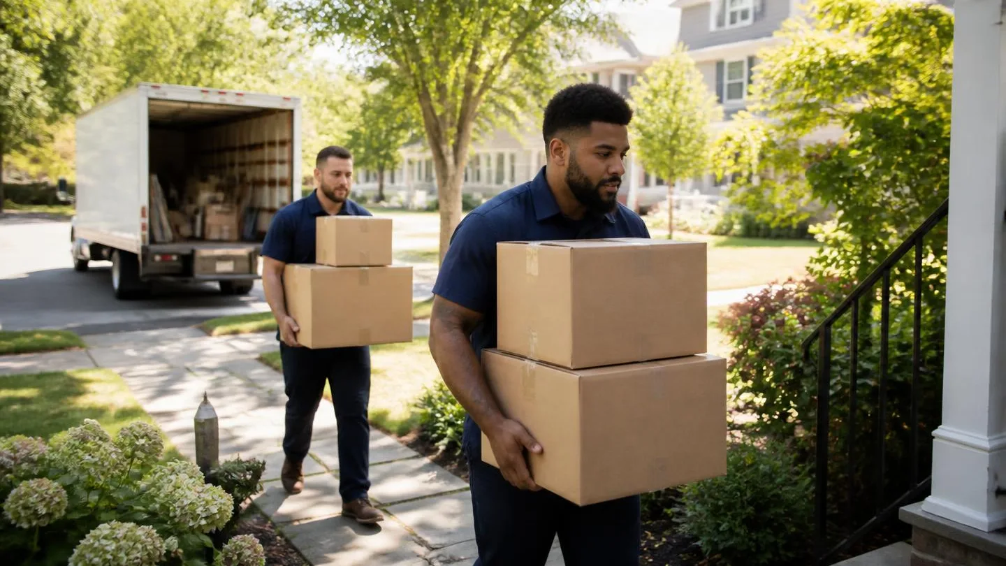 Movers carrying boxes from a house to a truck parked at the curb on a local move