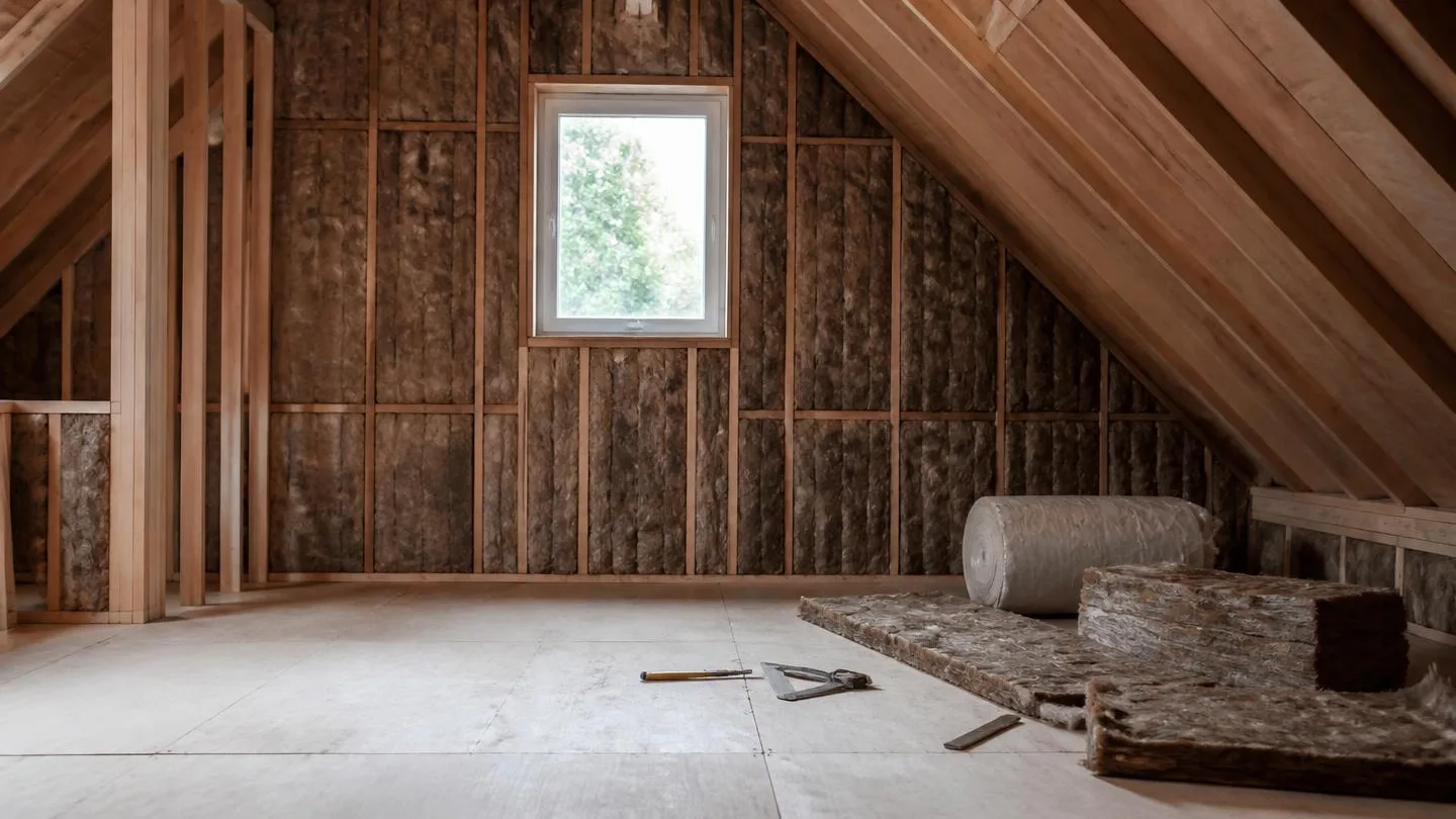 An attic being insulated, with batts fitted between the rafters and rolls of insulation waiting on the subfloor