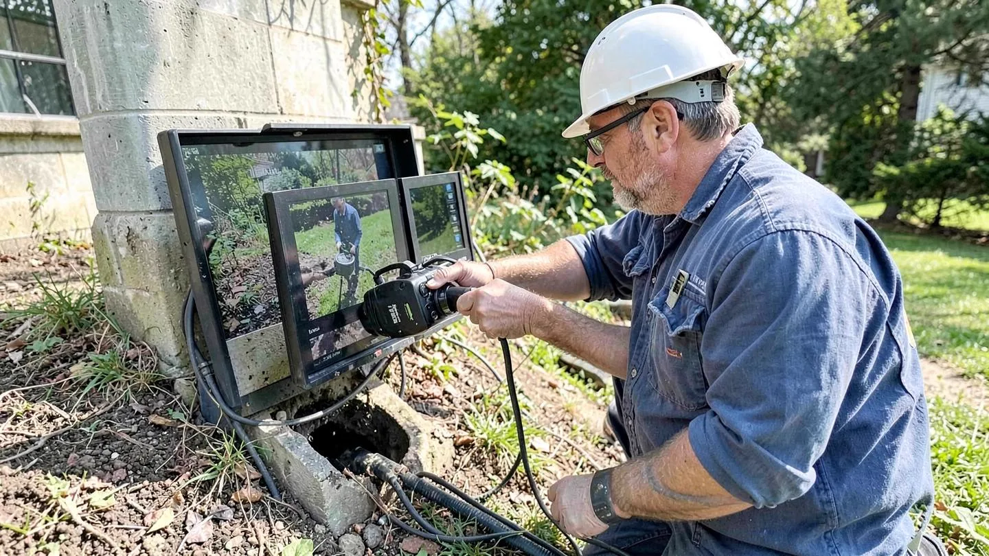 A plumber feeding a sewer inspection camera into a yard cleanout while watching the monitor