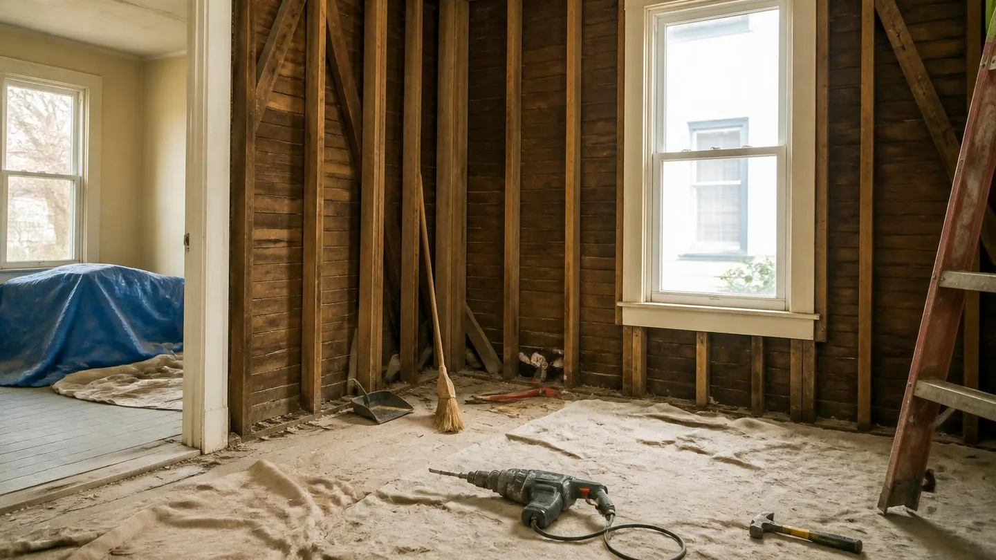 A room in an older house stripped to the studs during renovation, with drop cloths, a rotary hammer and a stepladder