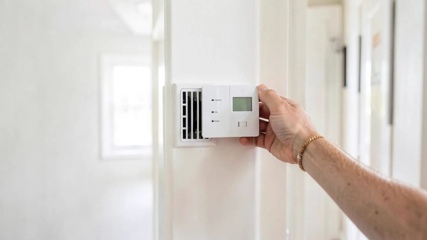 A homeowner adjusting a wall thermostat beside a return air vent in a bright hallway