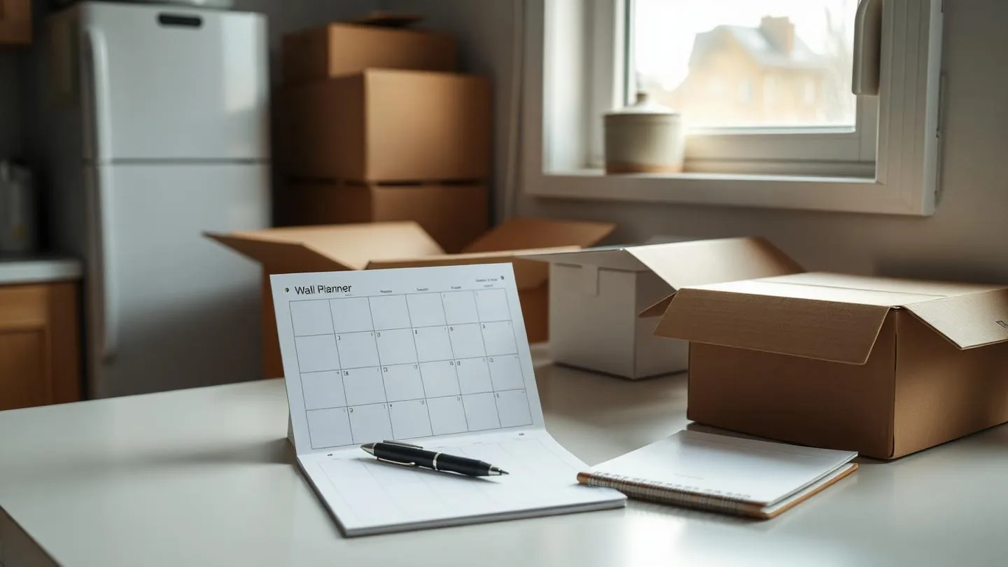 A blank wall planner and notebook on a kitchen counter beside partly packed moving boxes
