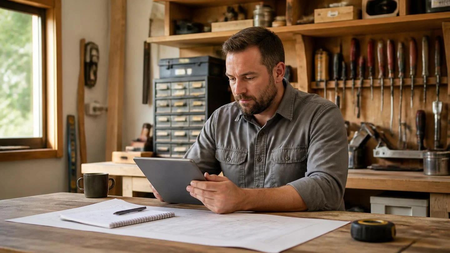 A tradesperson reading on a tablet at an organized workshop bench