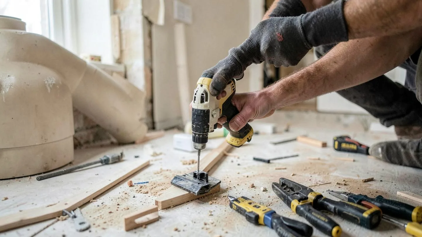 A homeowner driving a screw into trim with a cordless drill beside hand tools on a bare floor