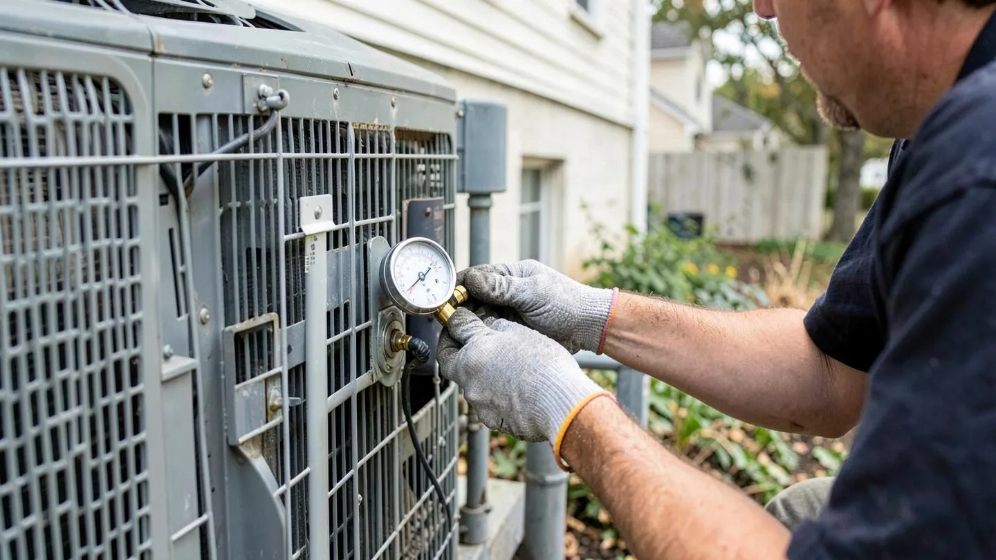 A technician's gloved hands connecting a pressure gauge to the service port of an outdoor air conditioning unit
