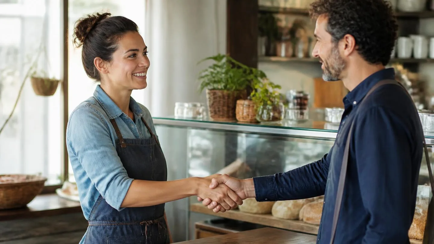 Two local business owners shaking hands across a shop counter
