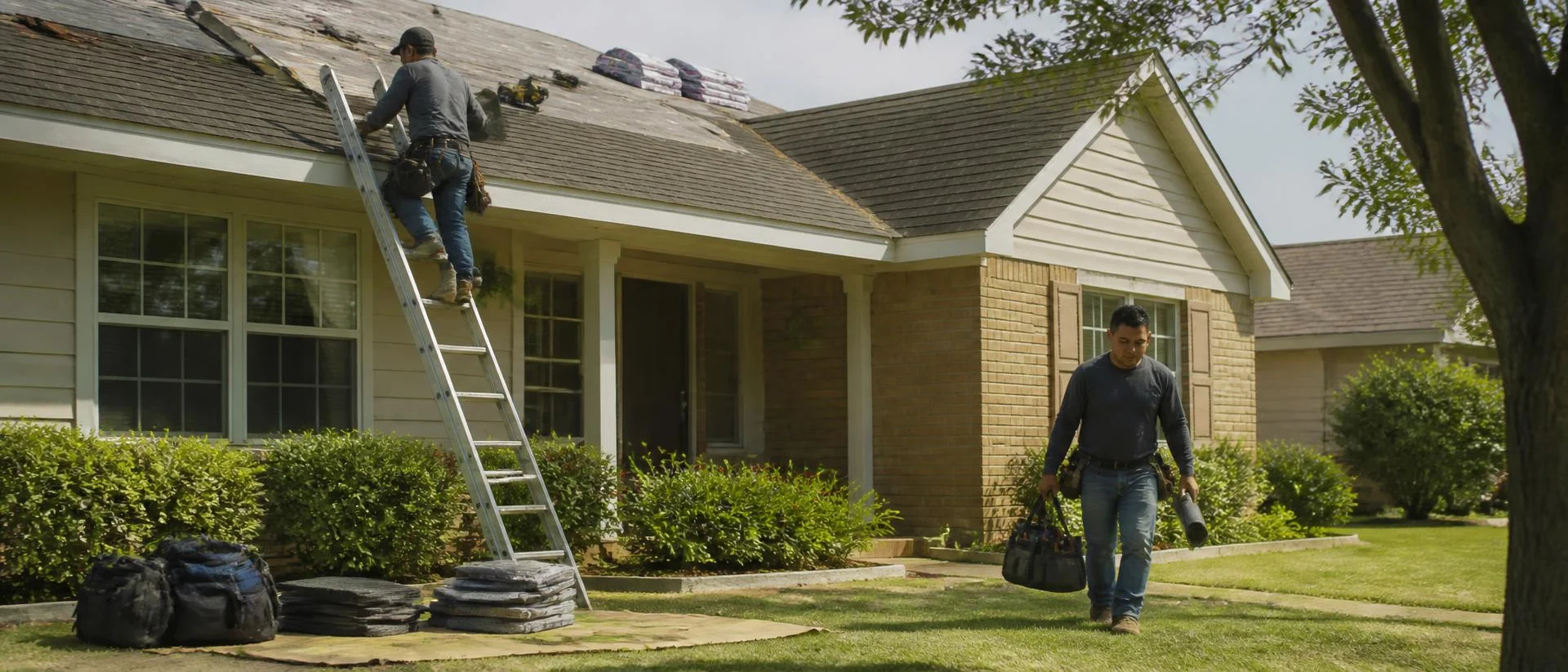 A roofer on a ladder working on a suburban home while another tradesperson carries tools across the lawn