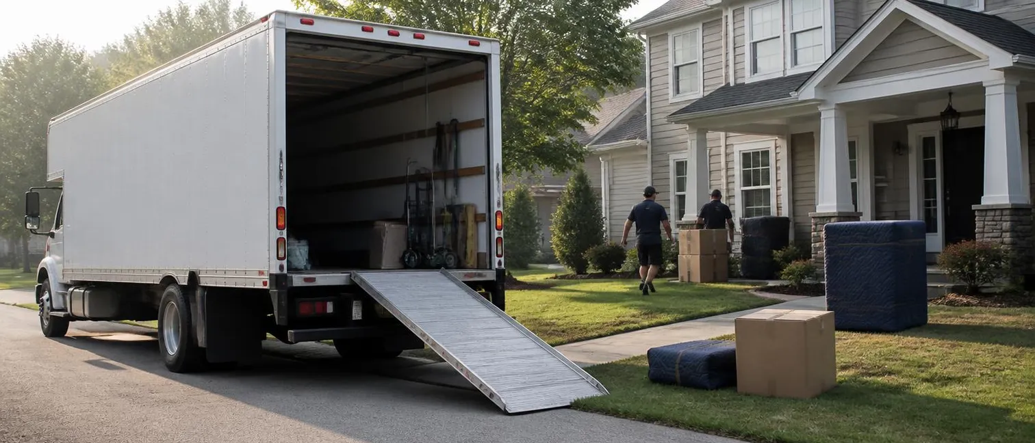 A moving truck with its ramp down outside a house, boxes and padded furniture staged on the lawn