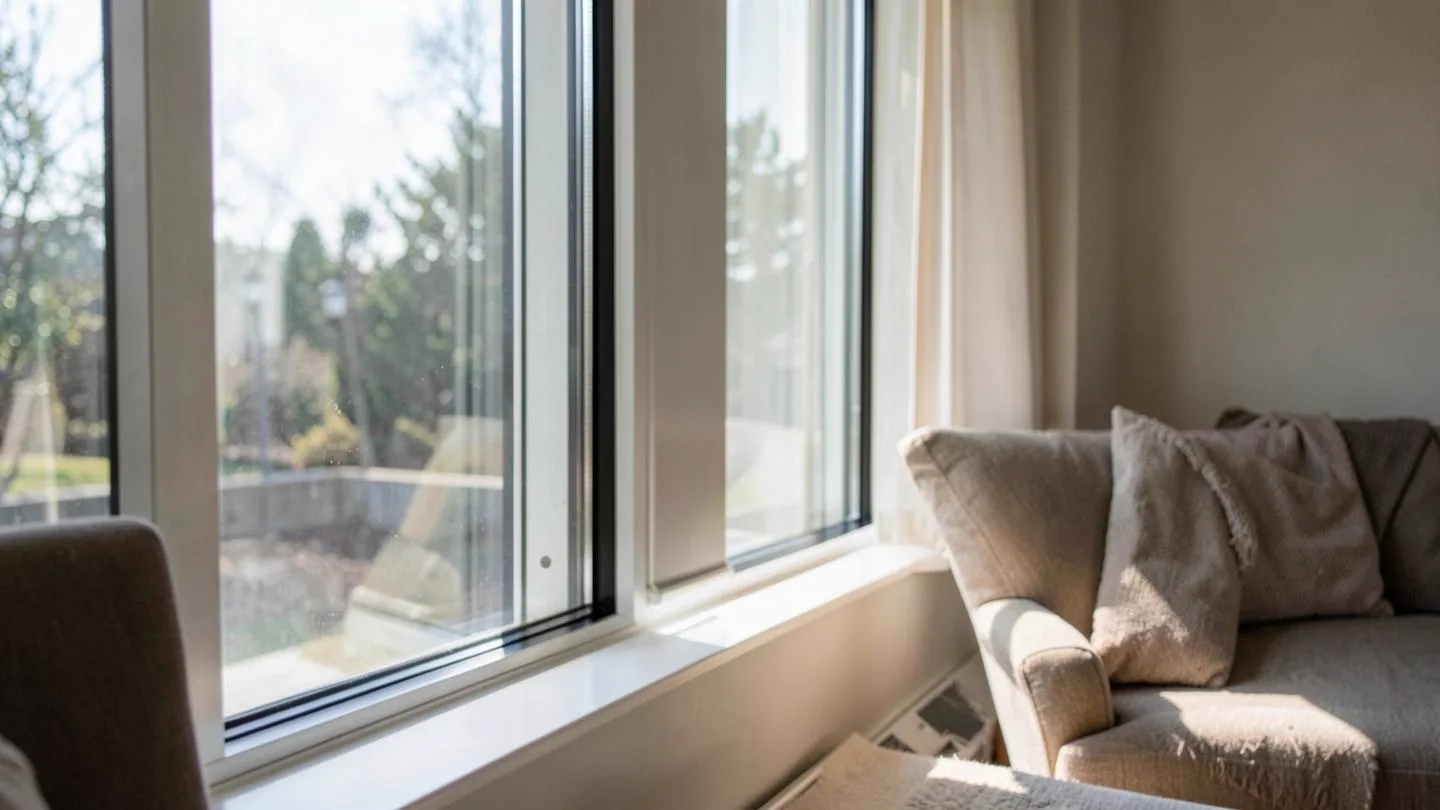 Daylight through a modern double pane window in a quiet living room corner