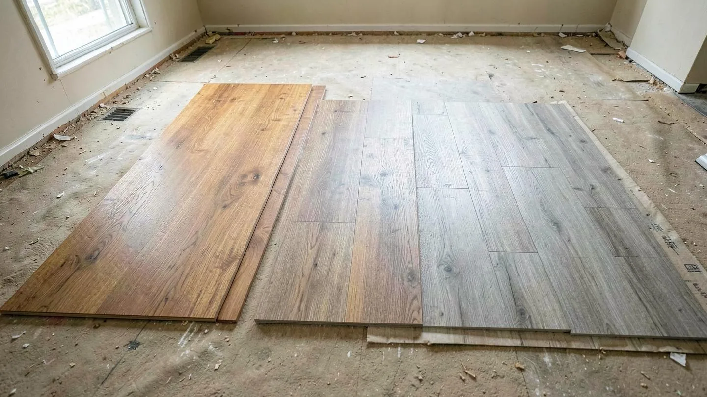 Hardwood, laminate and vinyl plank flooring samples laid side by side on a bare subfloor