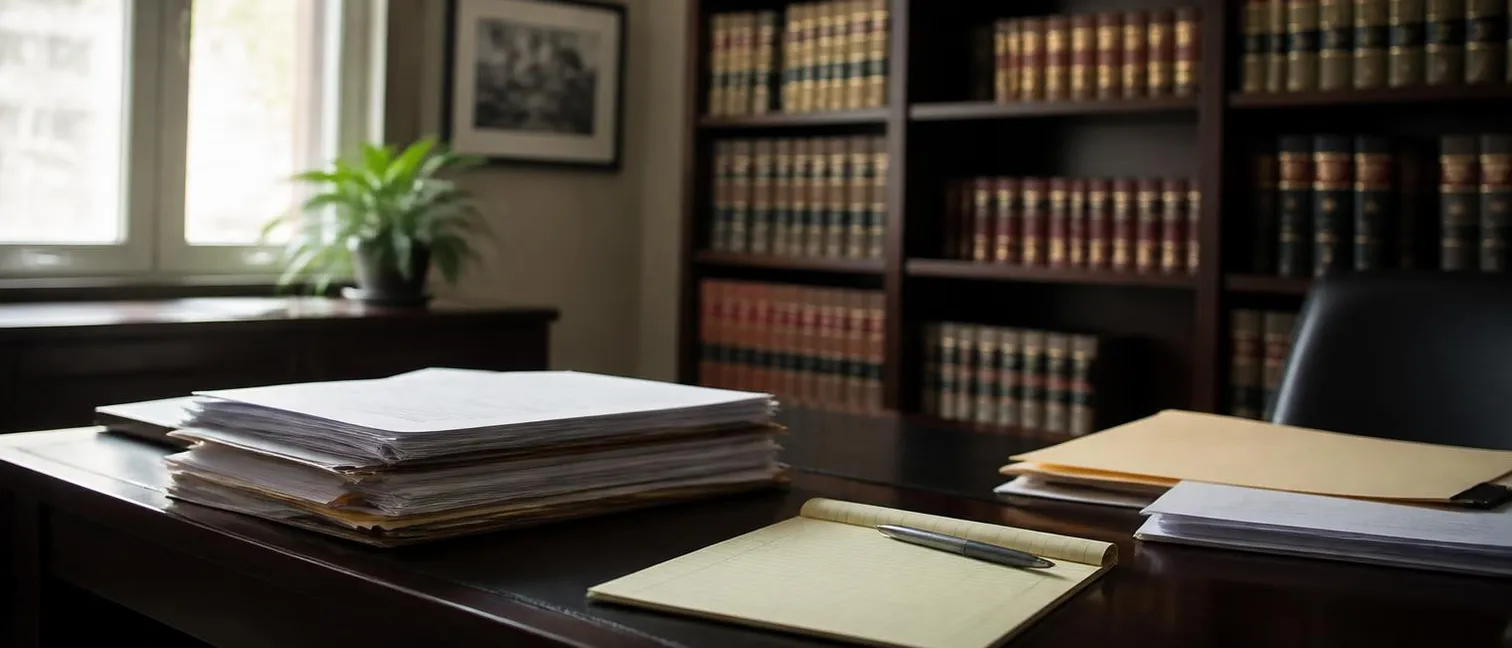Case files and a notepad on a law office desk with bookshelves behind