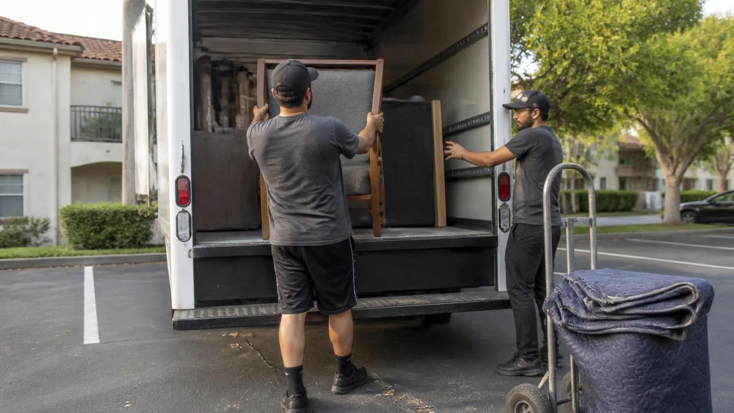 Two hourly movers loading and strapping furniture inside a rented moving truck
