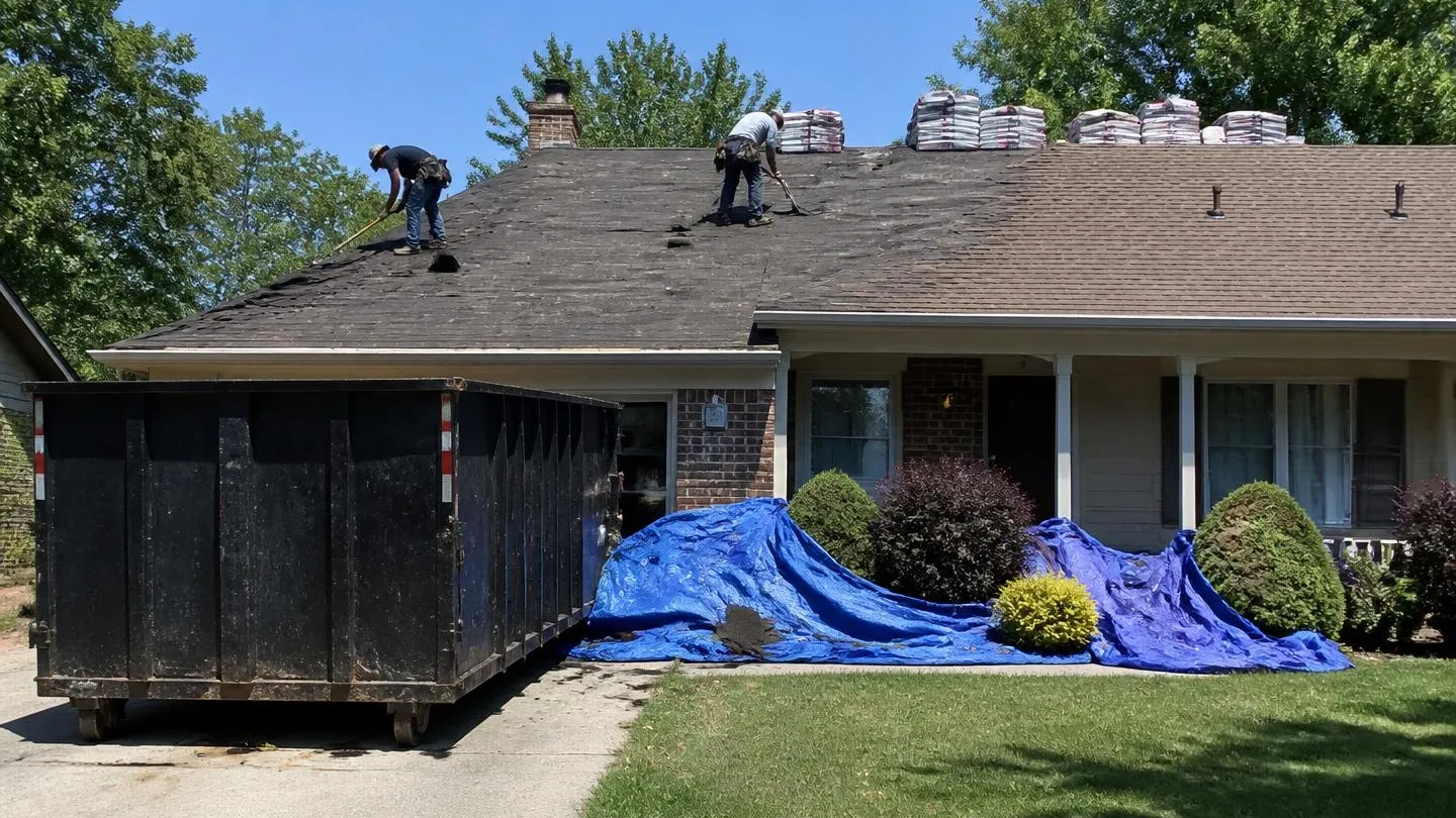 A roof replacement job in progress with a dumpster in the driveway and old shingles being torn off