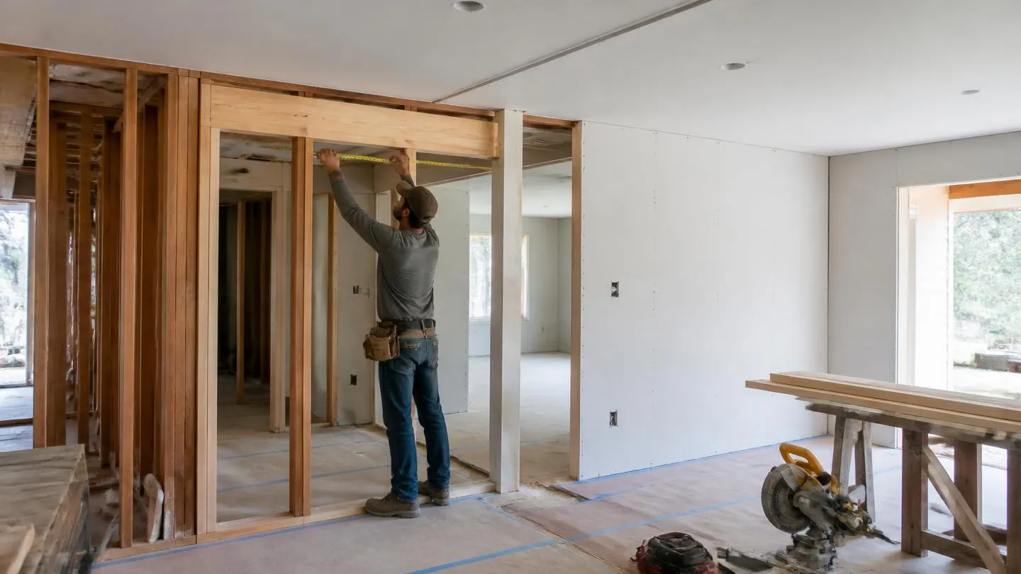 An interior renovation in progress with open framing on one side and finished drywall on the other