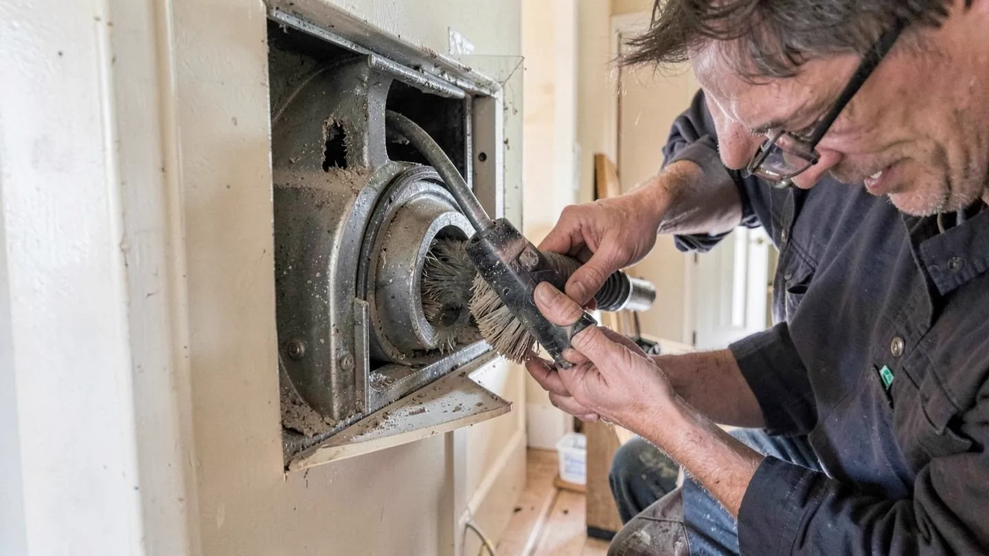 A technician feeding a rotary brush into a dusty return air duct at a wall register