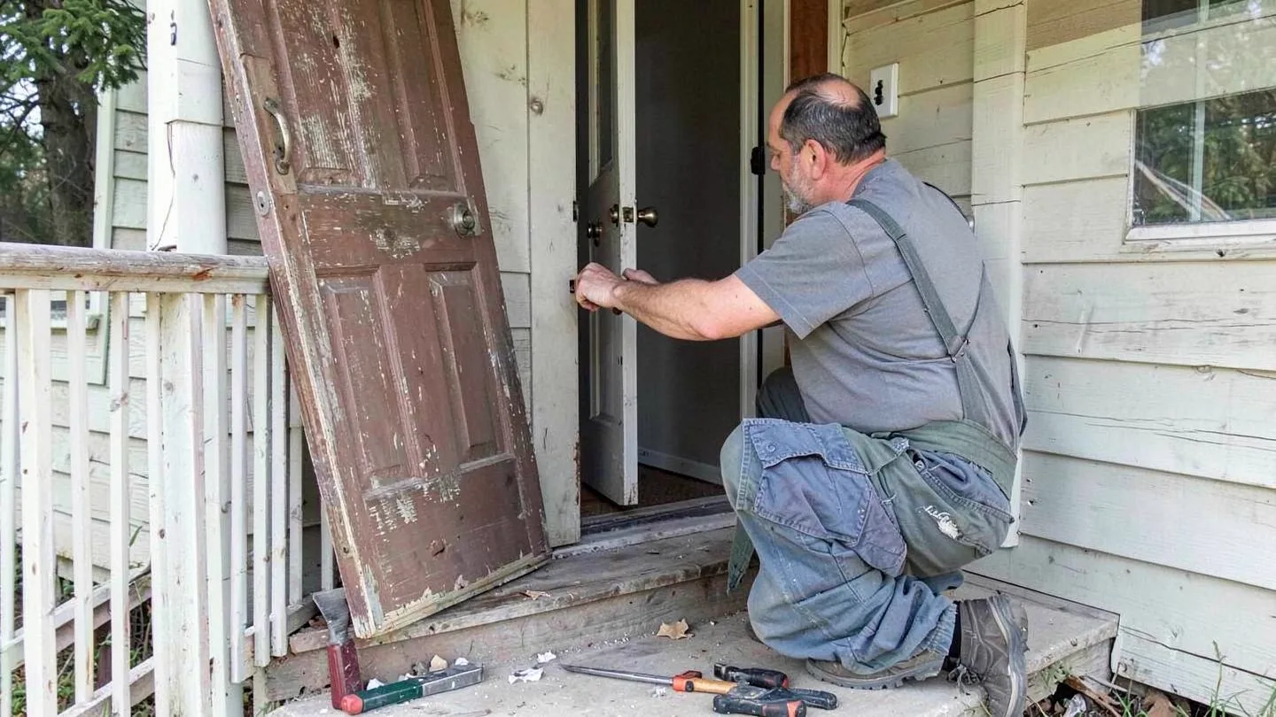 A carpenter fitting a new entry door while the old door leans against the porch rail
