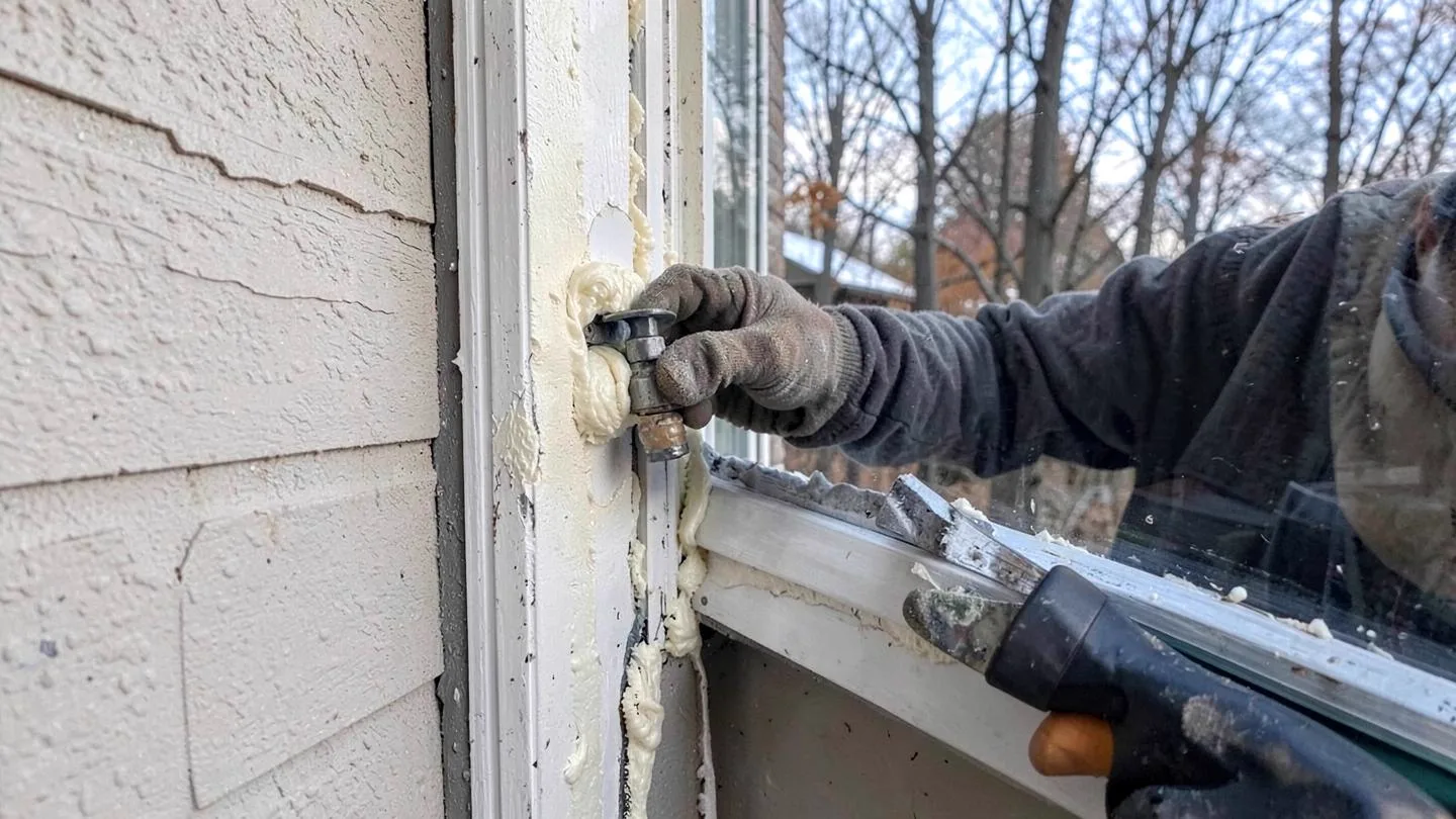 A homeowner sealing gaps around an exterior window frame before winter