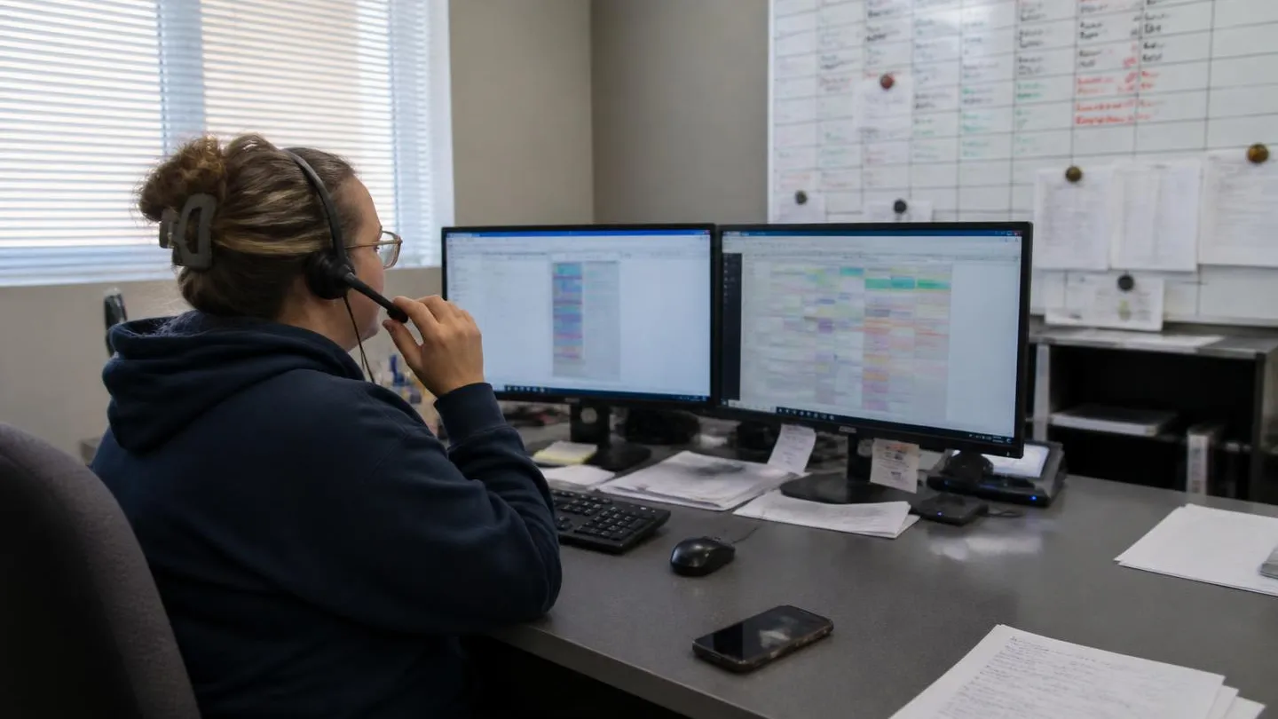 A dispatcher wearing a headset taking a call at a service company scheduling desk