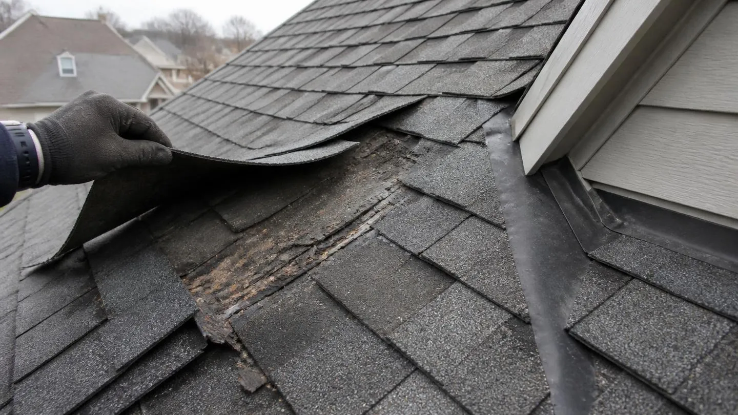 A close look at damaged asphalt shingles being lifted during a roof inspection
