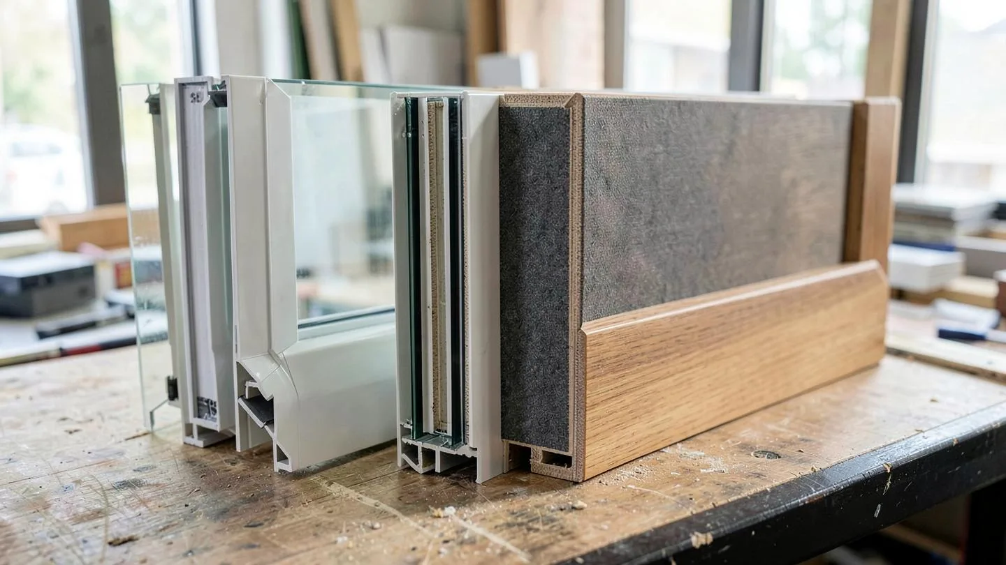 Cutaway corner samples of vinyl, composite and wood replacement window frames standing on a workbench