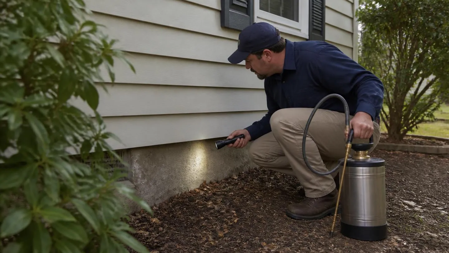 A pest control technician inspecting the foundation perimeter of a house with a flashlight