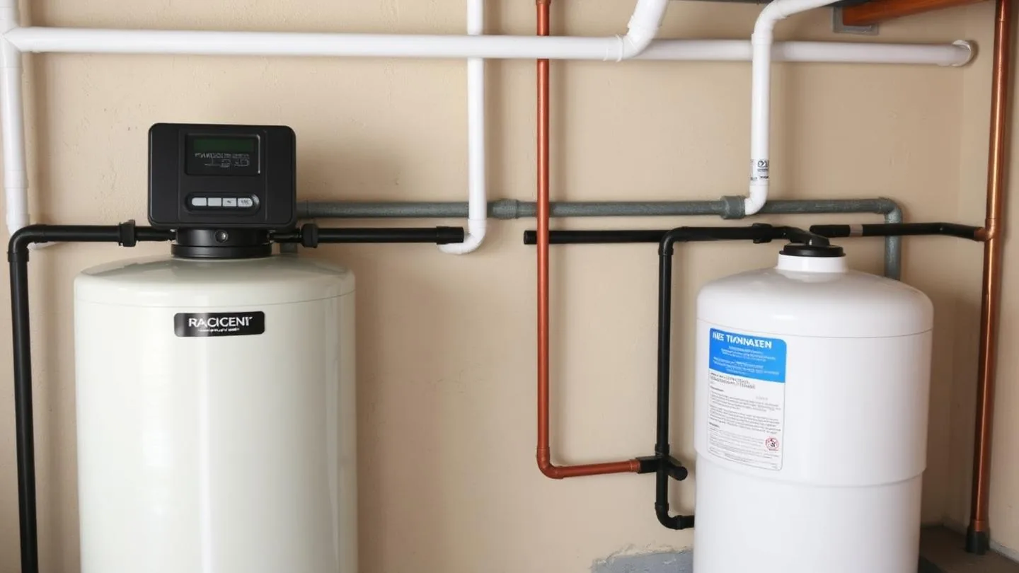 A water softener and brine tank plumbed into a basement utility wall