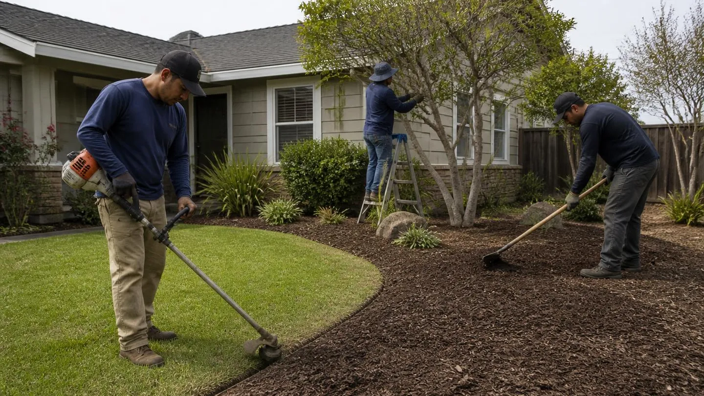 A landscaping crew edging a lawn and pruning shrubs in a residential front yard