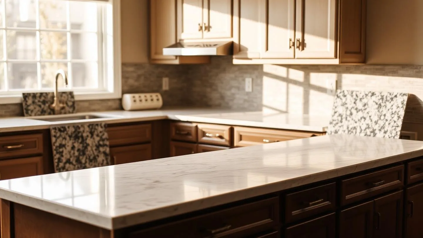 A new quartz countertop installed on kitchen cabinets with a granite sample leaning nearby