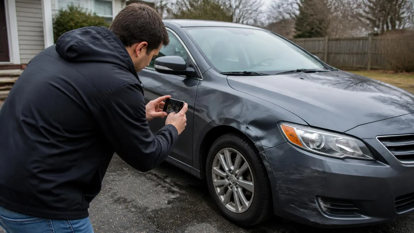 A driver photographing a dented car fender in a parking lot after a minor collision
