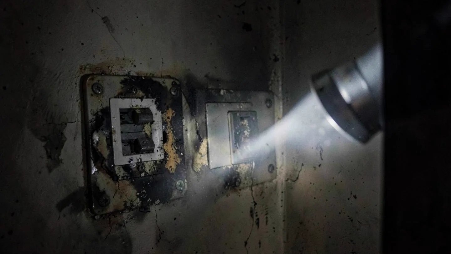 A flashlight beam on a scorched wall outlet and burned switch plate