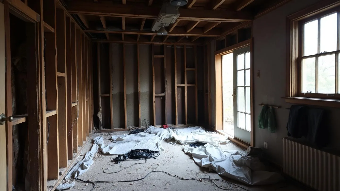 The interior of an older home mid renovation with framing and old wiring exposed