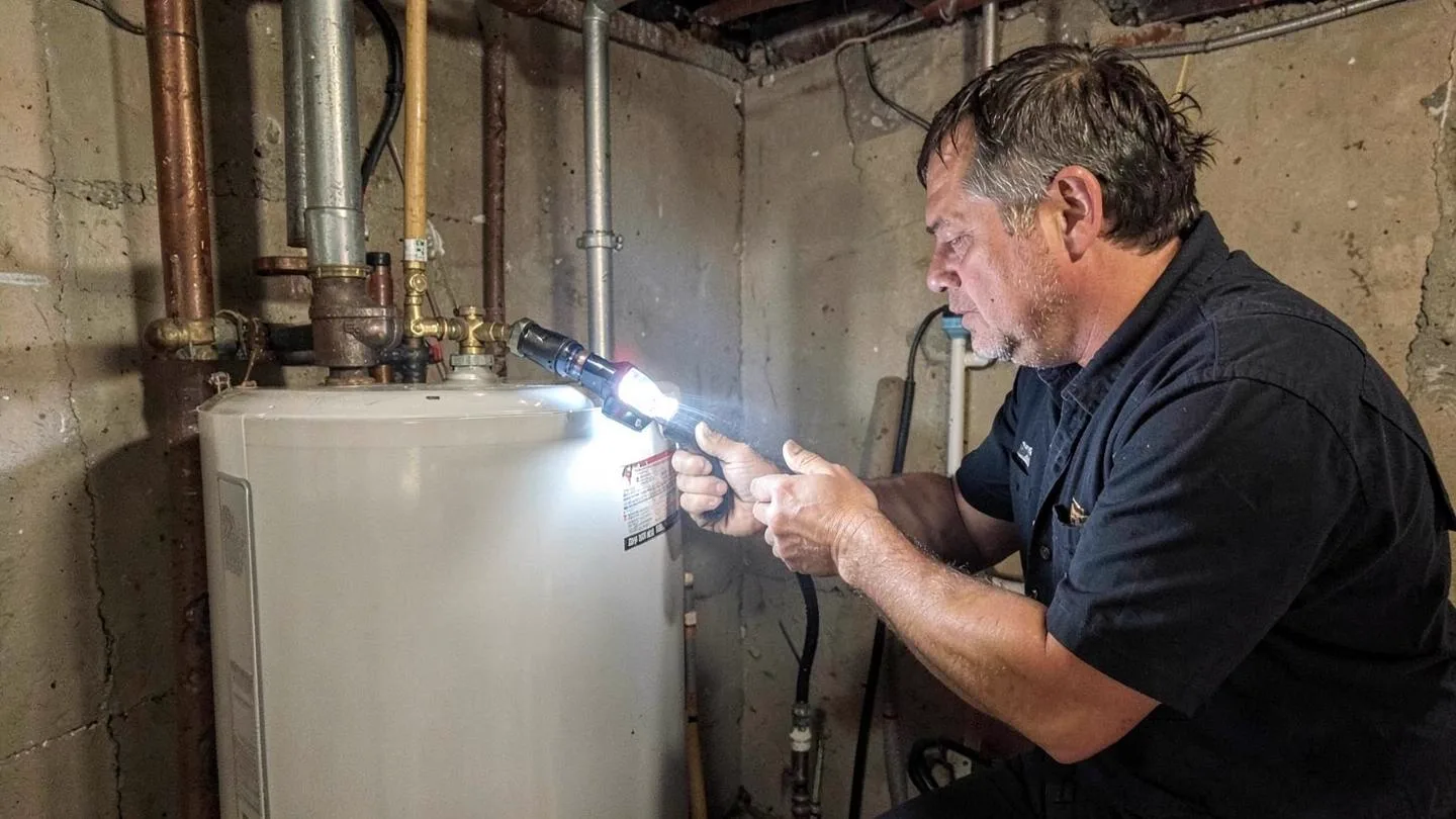 A plumber checking the valves on a residential water heater with a flashlight