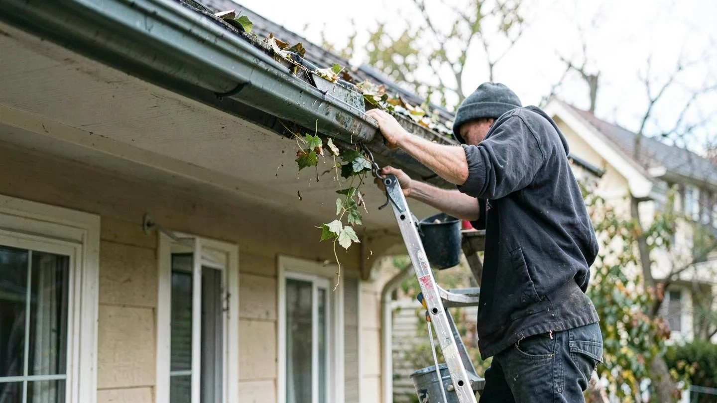 A worker on a ladder pulling wet leaves out of a roof gutter with a bucket hooked to the rungs