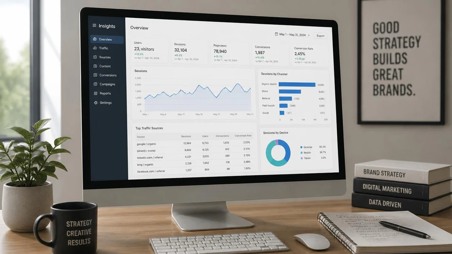 A marketing workspace with a traffic and conversion analytics dashboard on a desktop screen