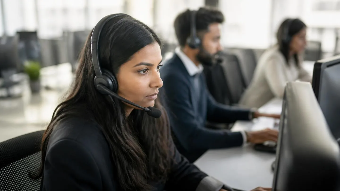 A contact center agent wearing a headset taking a call at a workstation