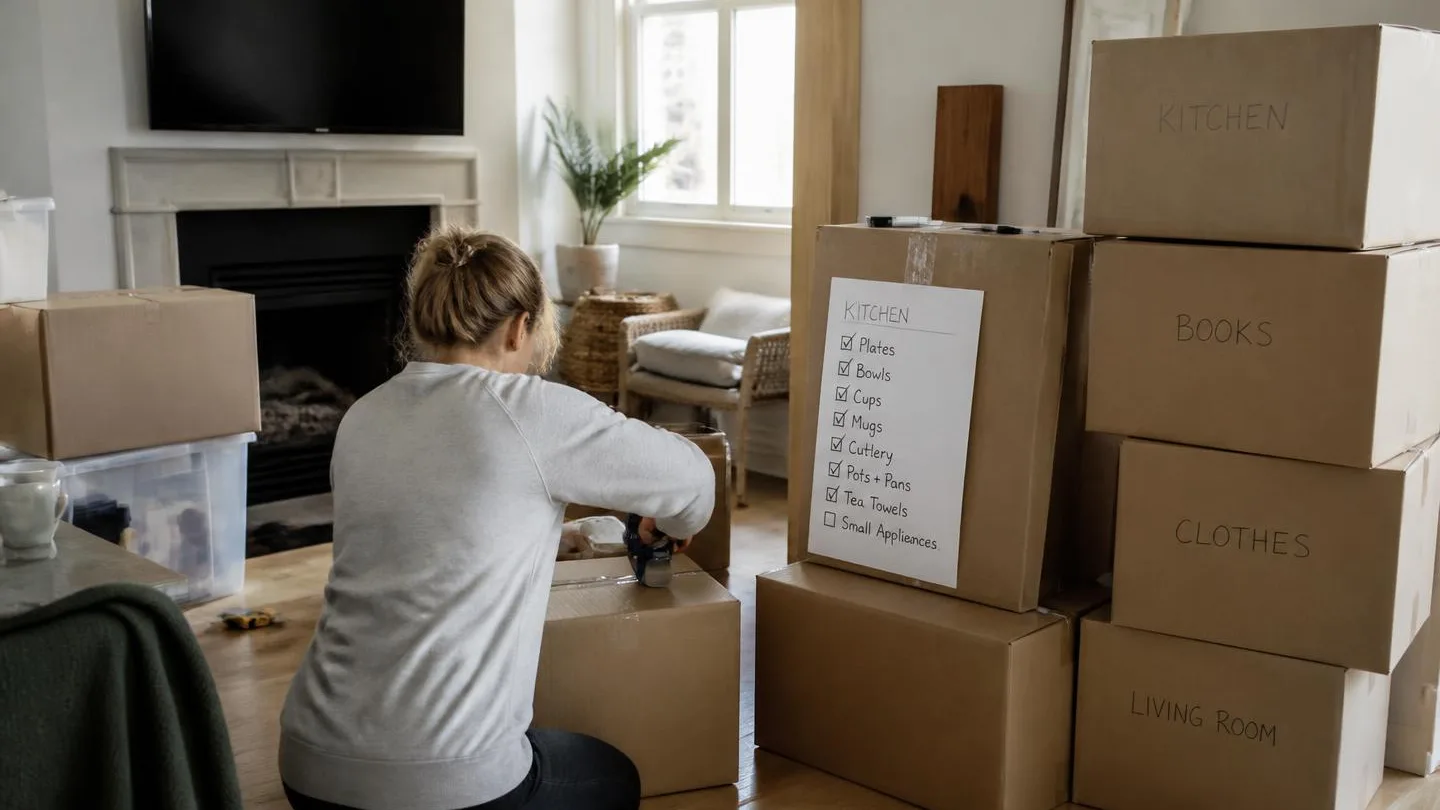 A half packed living room with labeled moving boxes stacked neatly and a packing checklist taped to a carton