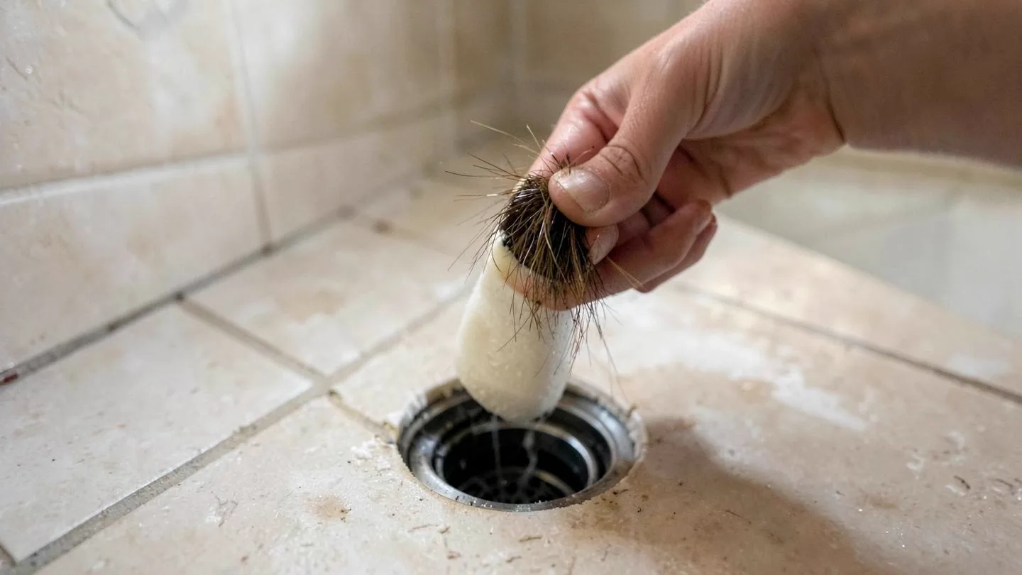 A hand pulling a hair and soap clog out of a shower drain strainer