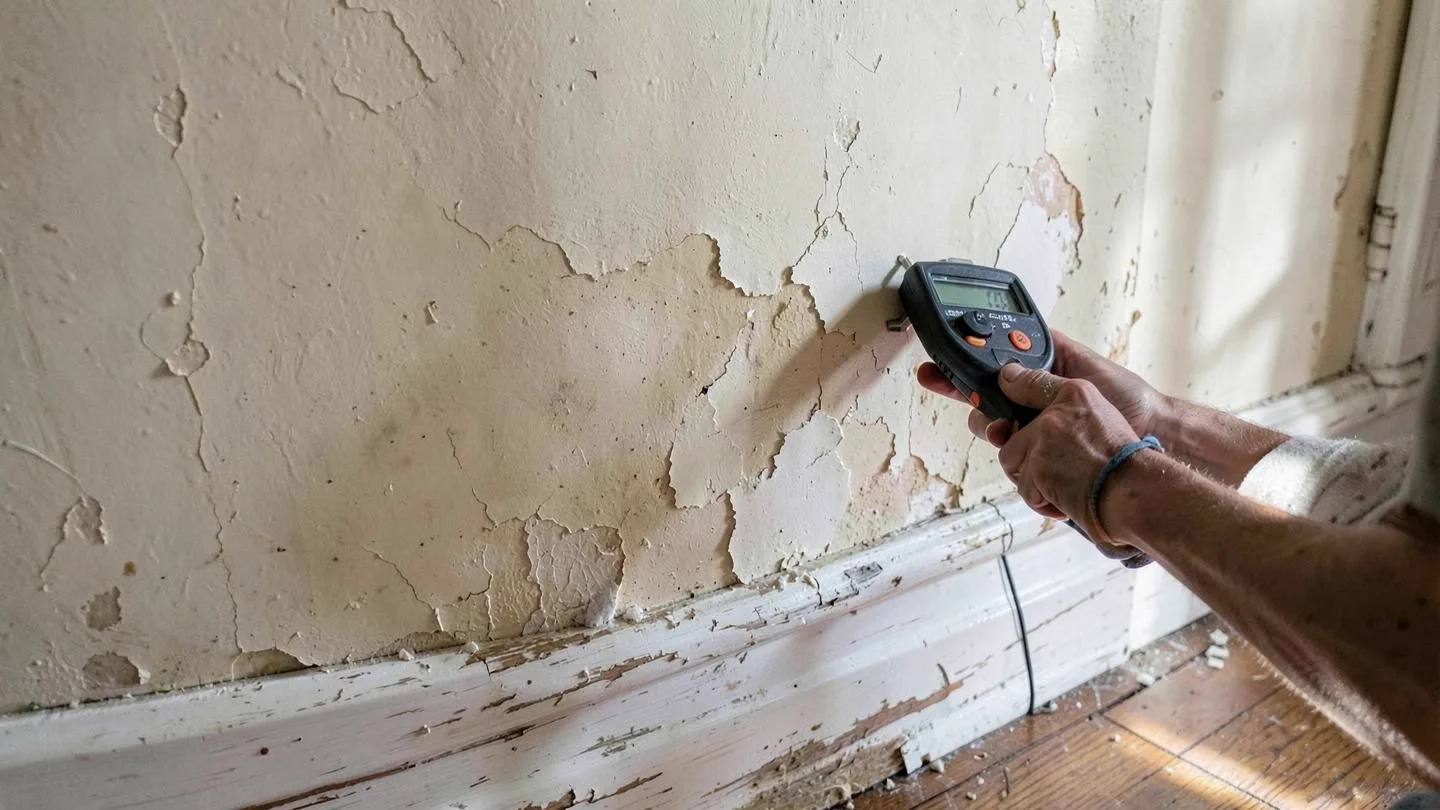 A moisture meter held against a peeling water stained wall above a warped baseboard