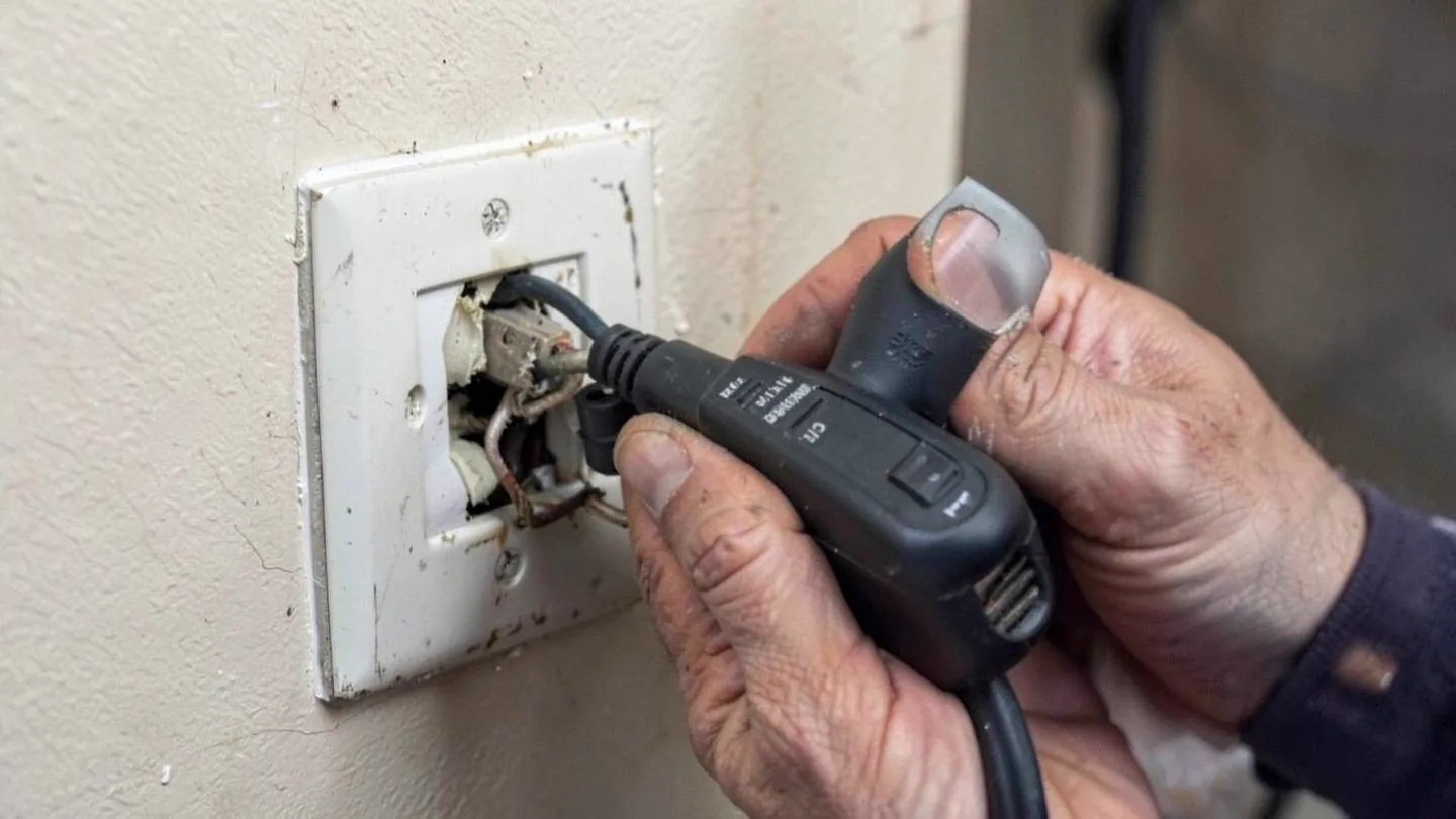 An electrician testing a wall receptacle with a plug in circuit tester and the cover plate removed