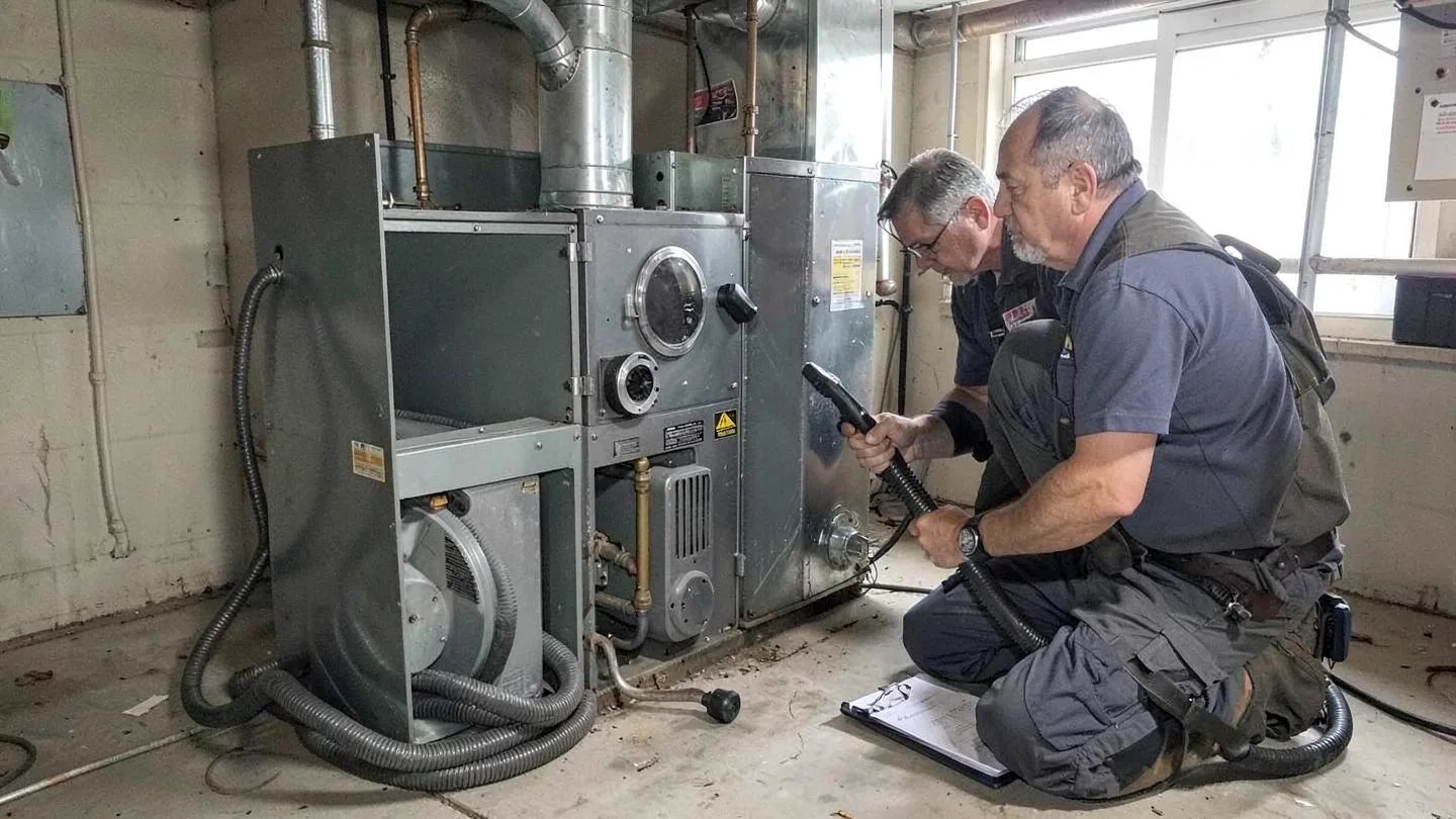 A duct cleaning technician working at an open furnace plenum with a vacuum hose and clipboard